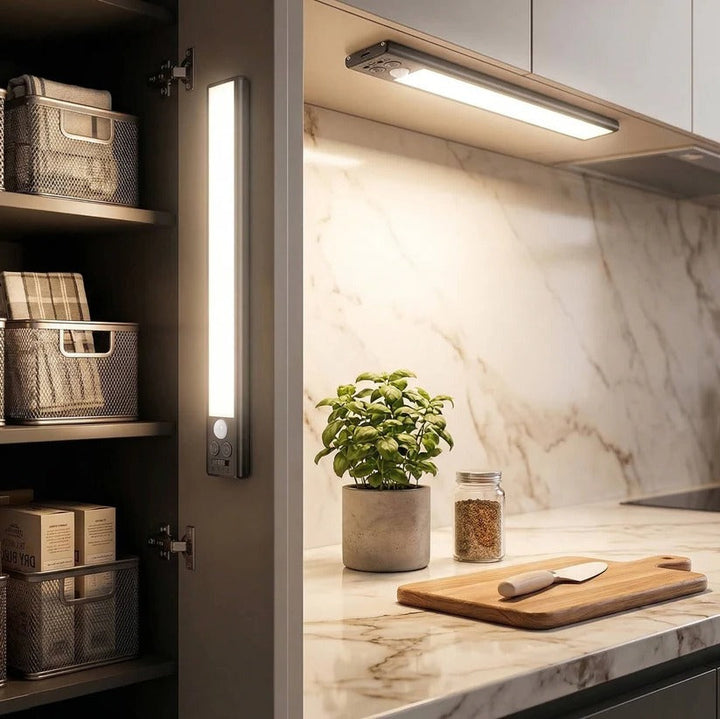 Efficient set of 2 rechargeable LED cabinet lights, magnetic, motion sensing, great for kitchen & wardrobe decor.