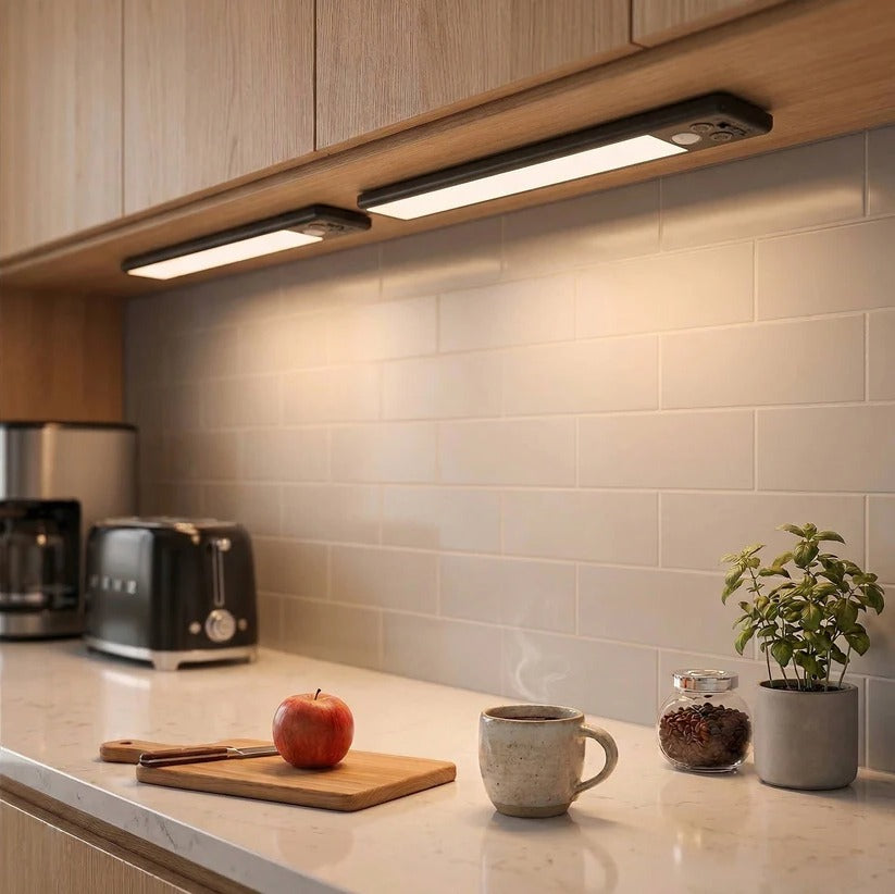 Bright LED under cabinet kitchen lighting with motion sensor & magnetic attachment for convenient countertop use.