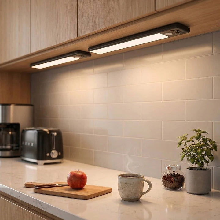Bright LED under cabinet kitchen lighting with motion sensor & magnetic attachment for convenient countertop use.