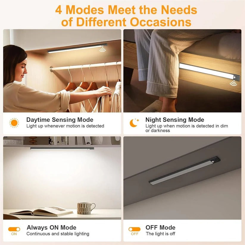 Versatile magnetic motion sensor LED lights, dimmable & rechargeable, for cabinet, closet, or kitchen lighting.