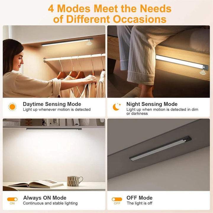 Versatile magnetic motion sensor LED lights, dimmable & rechargeable, for cabinet, closet, or kitchen lighting.