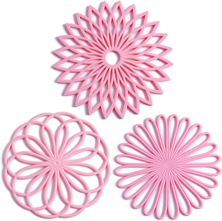 Versatile silicone table protectors, set of 3, non-slip for pots, pans & beverages.
