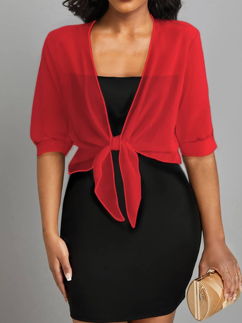 Elegant women's cropped sheer bolero with tie-front detail & half sleeves. Ideal layering piece for any outfit.