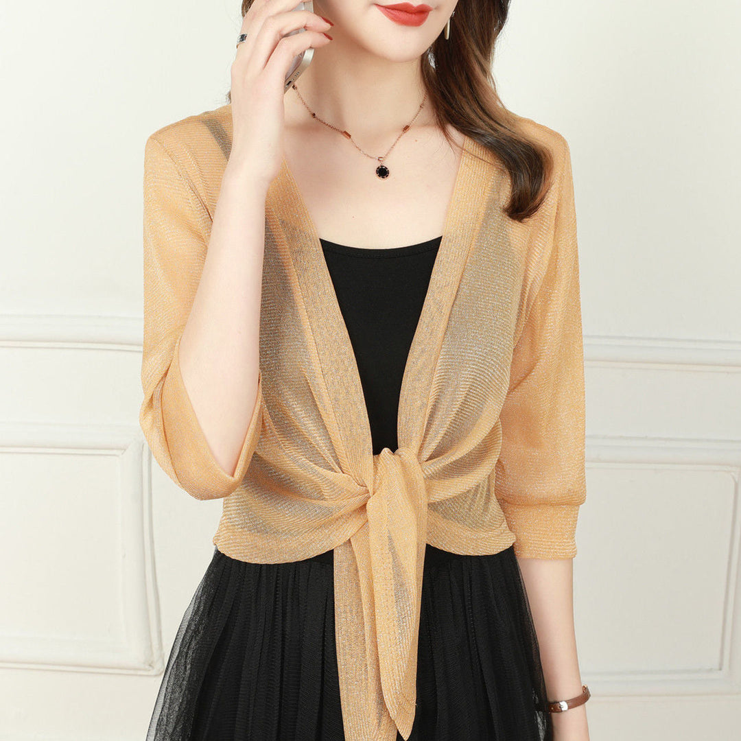 Sheer tie-front women's cropped top. Half-sleeve bolero, an elegant & versatile layering piece for fashion.