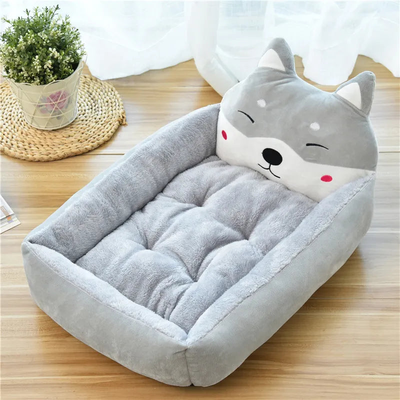 Plush pet bed, animal head design (Shiba Inu), comfortable and warm for small pets