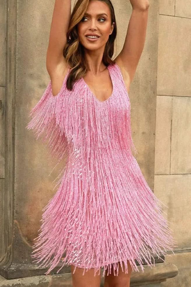 Women's sparkling A-line cocktail dress with dazzling fringe detail. Perfect for dancing & special occasions.