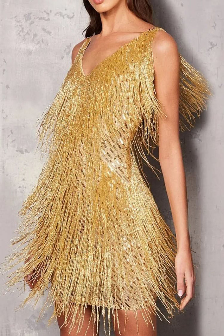 Women's fringe party dress in shimmering A-line silhouette, perfect for dancing & making a statement.
