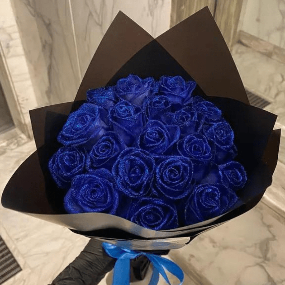 Shimmering blue glitter rose, perfect for romantic gifts, home decor & Valentine's Day.