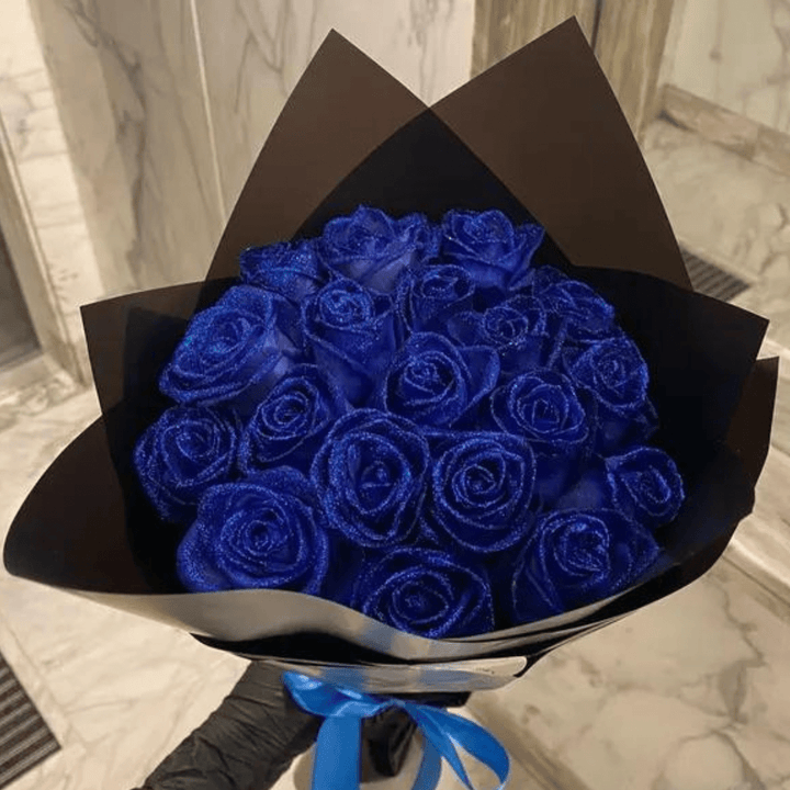 Shimmering blue glitter rose, perfect for romantic gifts, home decor & Valentine's Day.