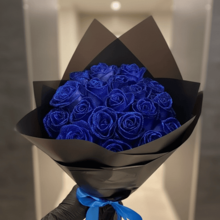 Elegant blue glitter rose, an eternal romantic gift for anniversaries or special occasions.