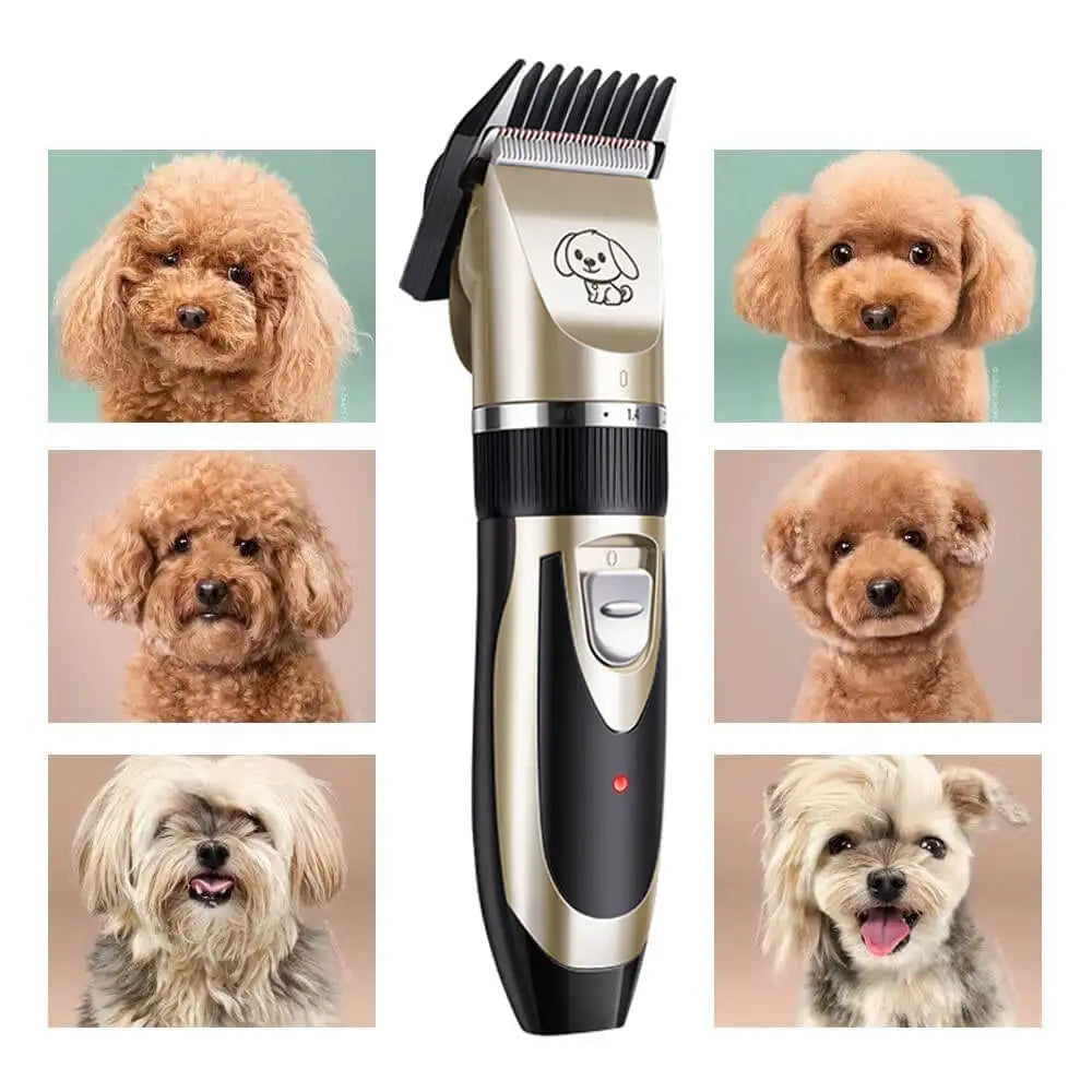 Ergonomic, low-noise pet trimmer for dogs and cats, showing ceramic blade and comfortable grip.