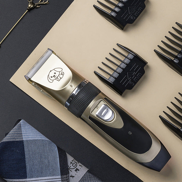 Cordless dog shaver kit with multiple comb attachments for various fur lengths, ideal for quiet grooming.
