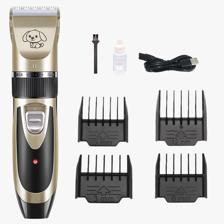 Quiet pet grooming clippers and accessories, including oil and cleaning brush, laid out neatly.