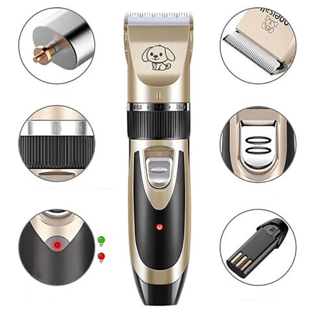 Dog fur trimmer set in hand, demonstrating its lightweight and cordless design for easy animal grooming.