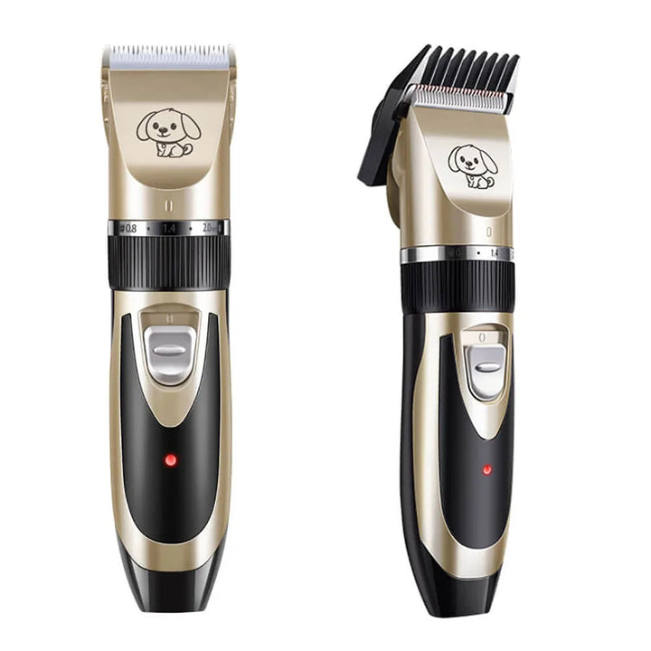 Packaging of the silent dog grooming clippers, highlighting features like low noise and cordless operation.