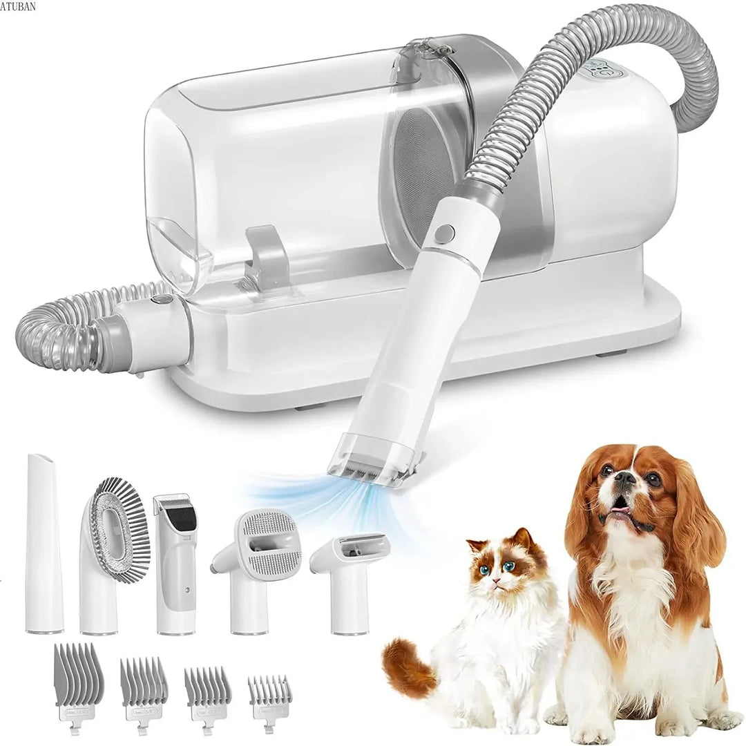 Silent pet grooming vacuum kit for dogs and cats with clippers, deshedding tool, and hair collection