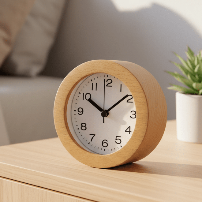 Silent wooden alarm clock, natural modern design for peaceful bedroom decor, no ticking sound.
