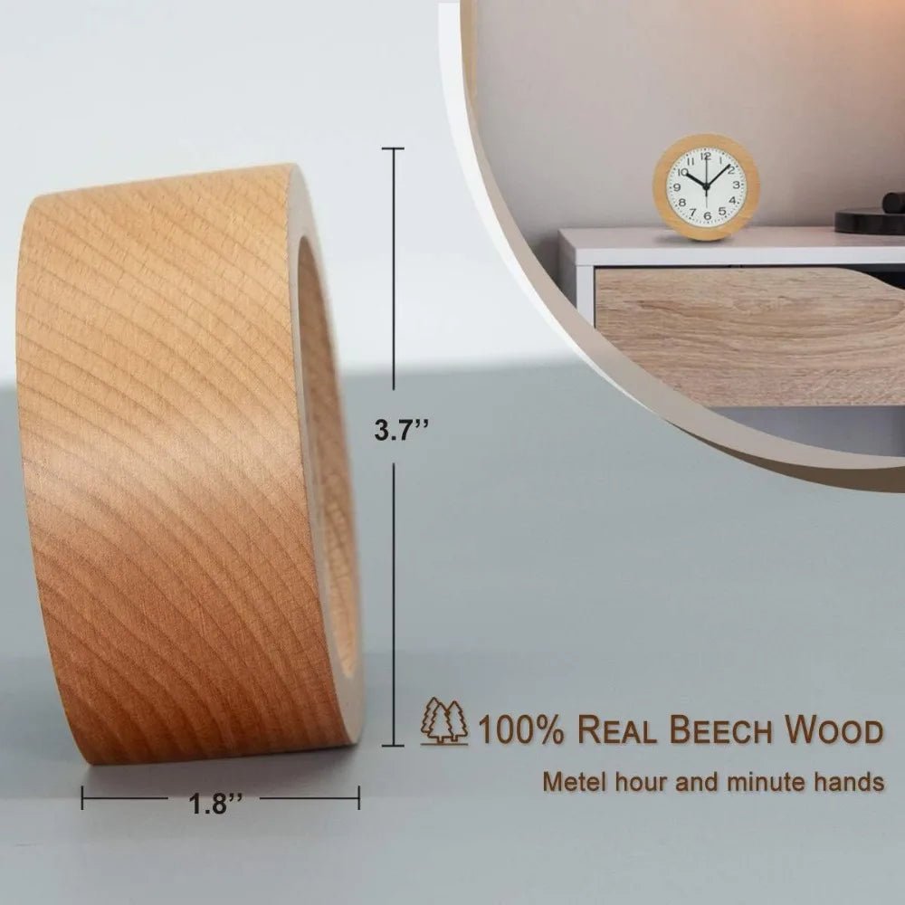 Peaceful wooden silent alarm clock for bedroom decor. Natural wood finish, modern design, no annoying ticking.