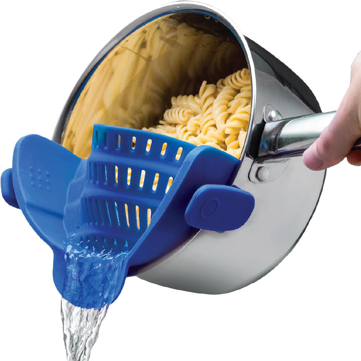 Convenient clip-on silicone strainer for effortless draining. Hands-free kitchen gadget for pasta.