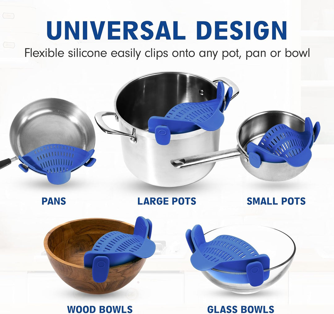 Save space with this convenient clip-on silicone strainer for pasta & vegetable draining. Kitchen gadget.