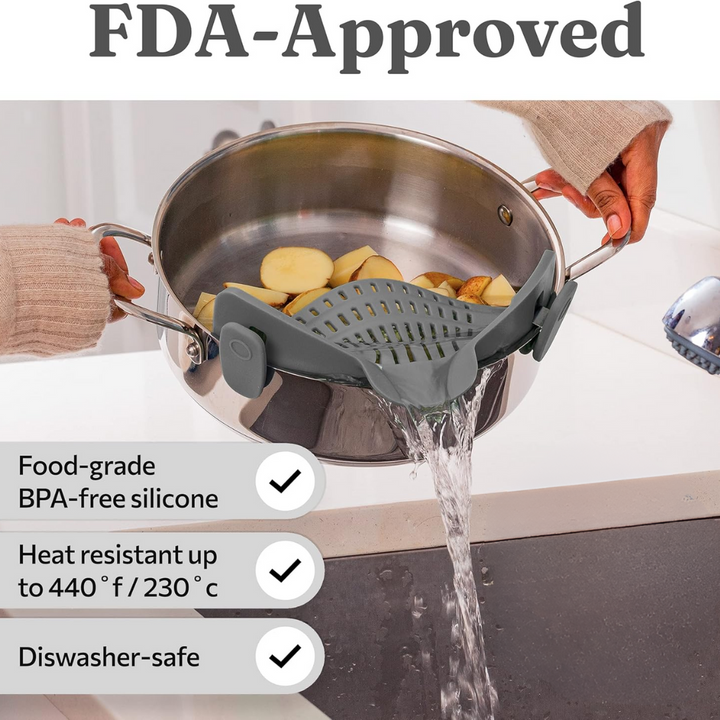 Versatile clip-on silicone strainer for pasta, vegetables, and hot food draining. Essential kitchen tool.