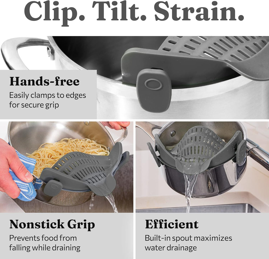 Grey silicone clip-on strainer, heat-resistant, for easy pasta, vegetable, and food draining. Cooking tool.