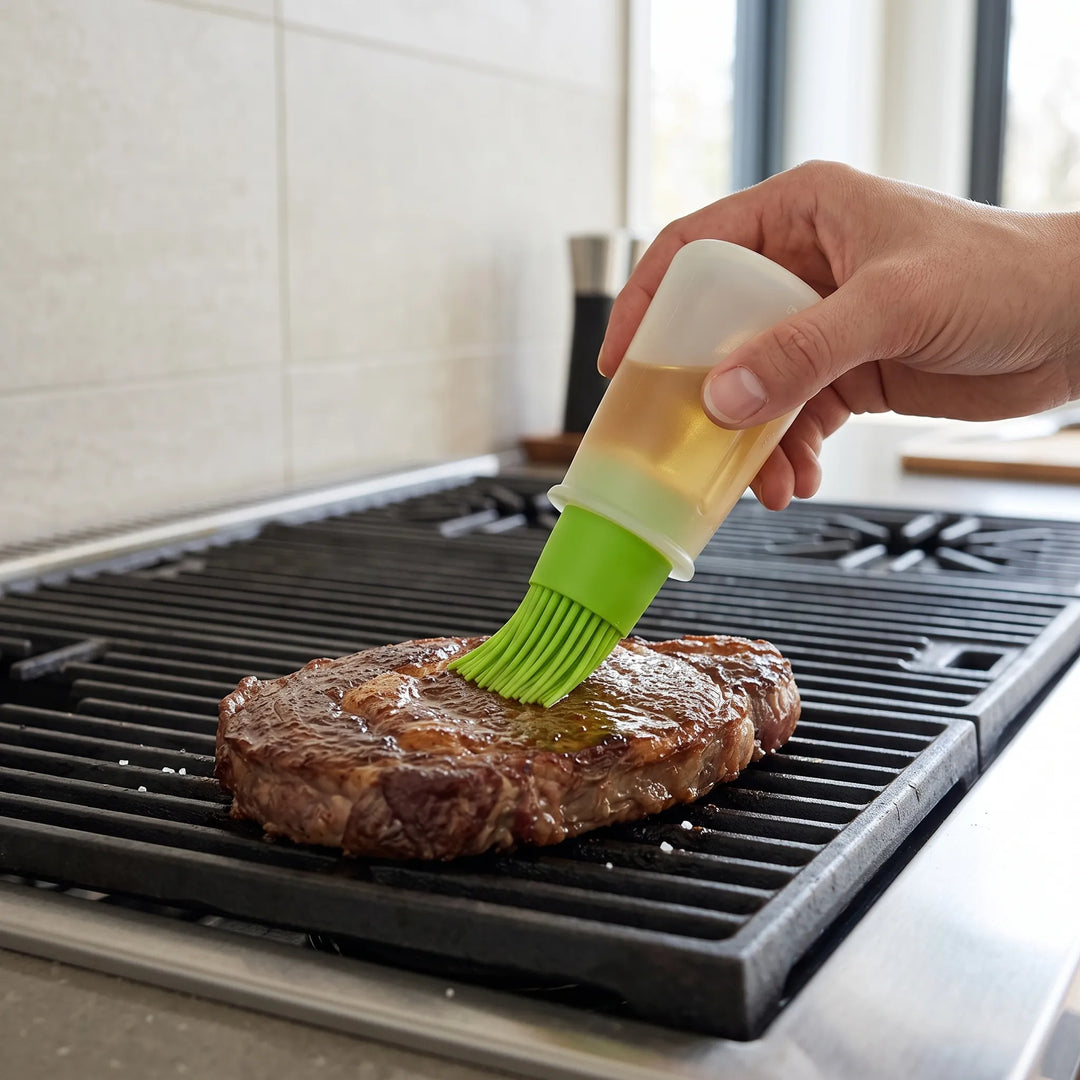 Silicone dispensing basting brush for kitchen, pastry, and BBQ. Ideal for marinades and sauces.