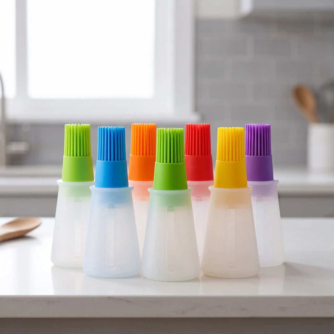 Versatile dispensing basting brush for grilling BBQ meats or baking pastries. Silicone head for easy cleaning.