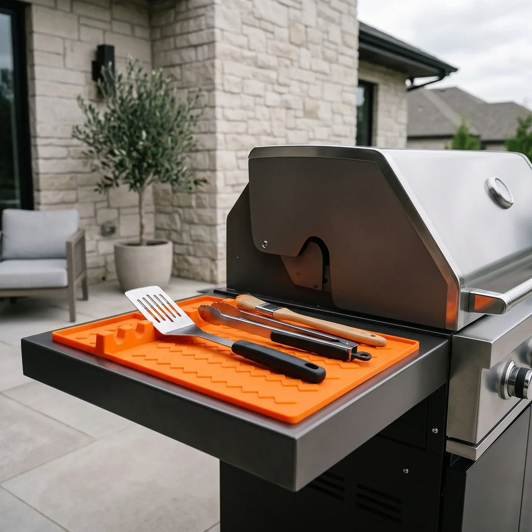 Silicone grill utensil rest mat for BBQ, cooking tools. Keeps outdoor kitchen clean and drip-free.