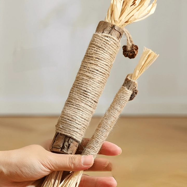 Natural cat chewing sticks made from silvervine, promoting dental hygiene and interactive play for felines.
