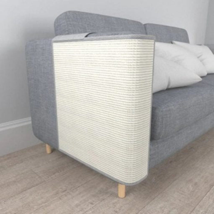 Close-up of cat scratch sofa armrest protector shield, sisal pet furniture guard for cats