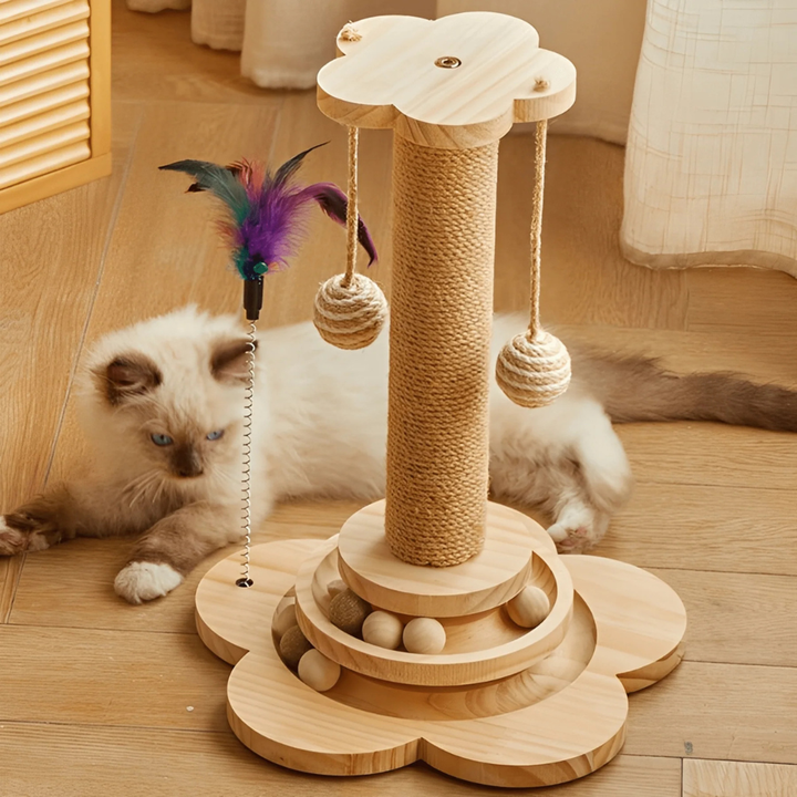 Sisal cat scratching post with a cozy top perch, ideal for felines to scratch and relax, blending with neutral decor.