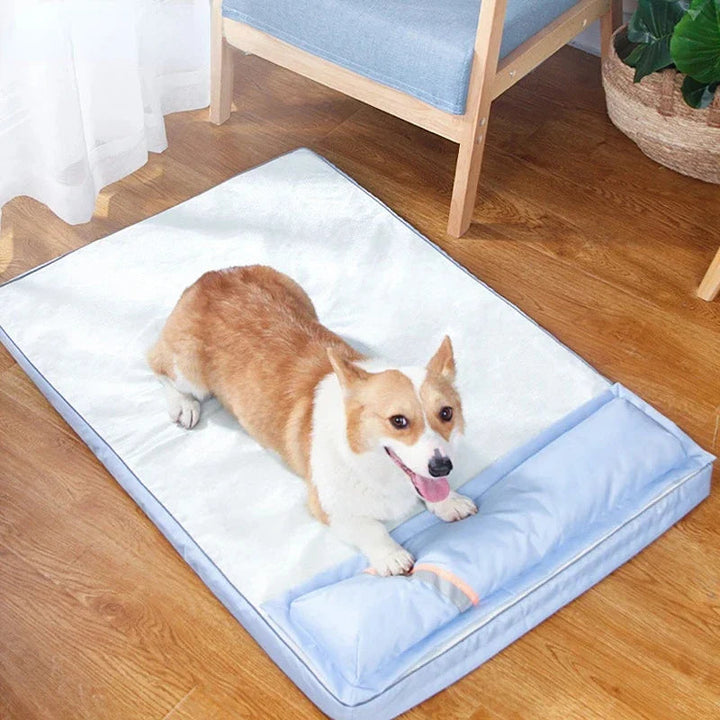 Sky blue cooling memory foam dog bed, breathable, perfect for large dogs in summer.