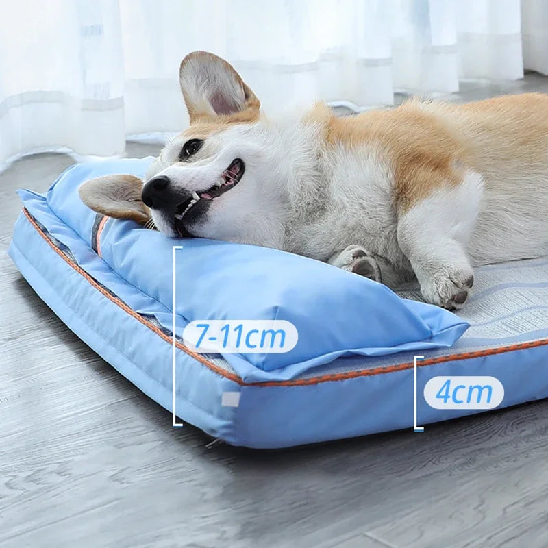 Large sky blue dog bed with cooling gel memory foam, comfortable and breathable for pets.