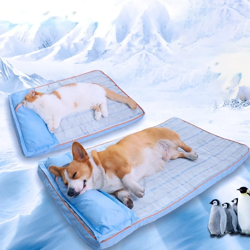 Breathable sky blue memory foam dog bed, cooling gel for pets, suitable for large dogs.