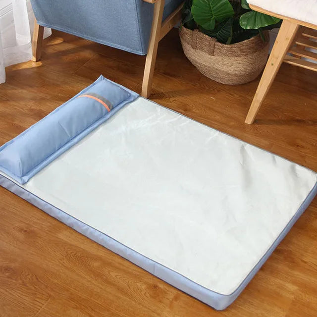 Comfortable sky blue cooling dog bed with memory foam, a breathable summer pet accessory.