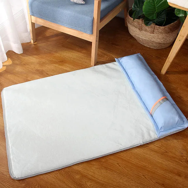Sky blue cooling gel memory foam dog bed, large size, breathable for pet summer comfort.