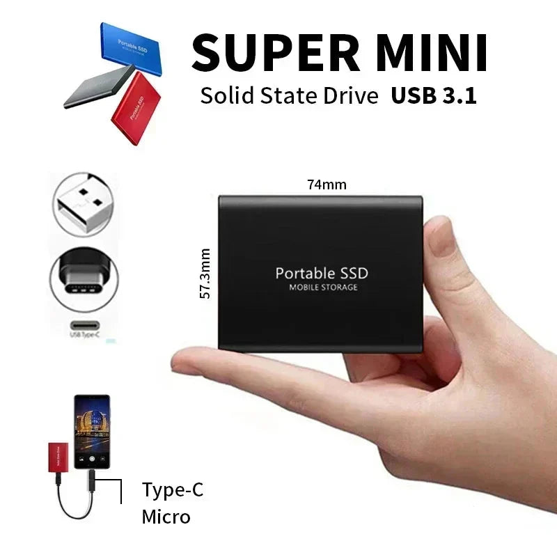Compact 128TB Portable External SSD, offering ultra-fast data storage & backup with versatile USB-C connectivity.