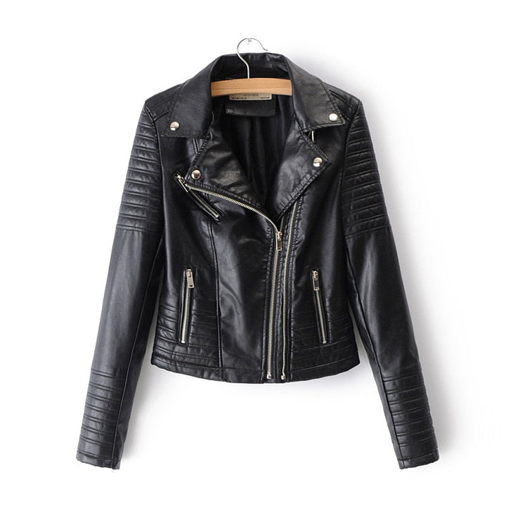 Sleek black women's biker jacket. This stylish, fitted outerwear is perfect for a modern everyday fashion look.