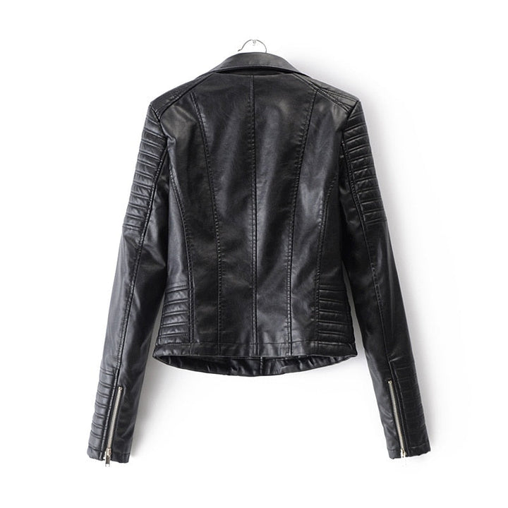 Chic women's black zippered biker jacket. A versatile and fashionable everyday outerwear with modern style.