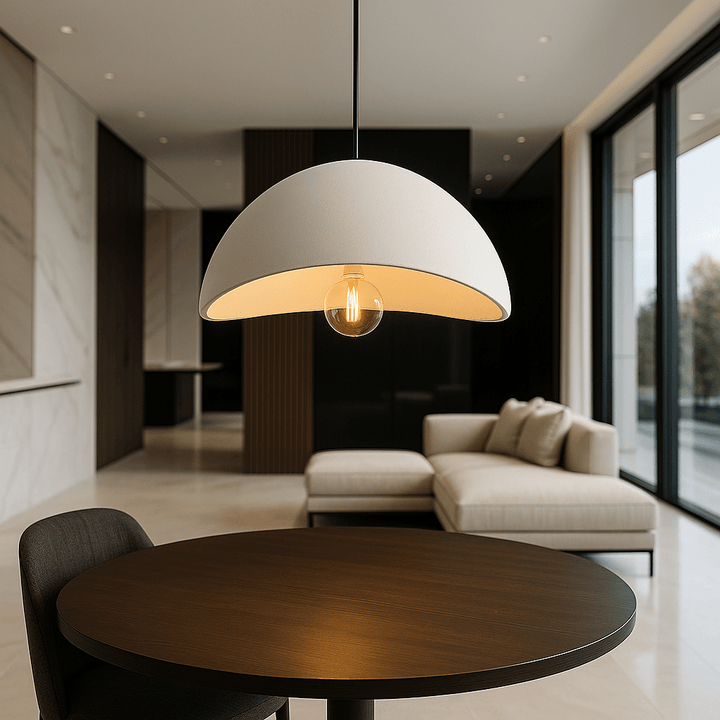 Adjustable modern LED ceiling pendant, dimmable brightness for contemporary home lighting solutions.