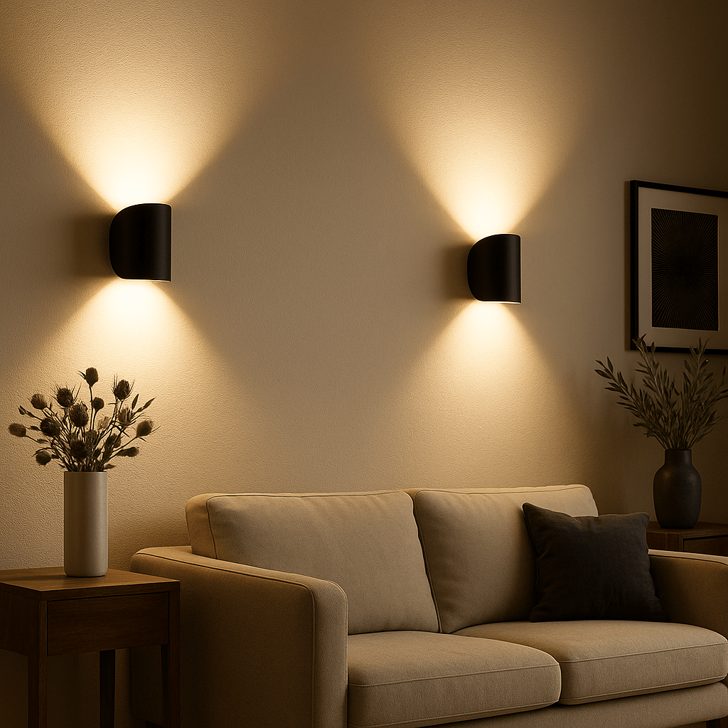 Energy-efficient LED wall light providing ambient interior lighting for living rooms & bedrooms. Modern design.