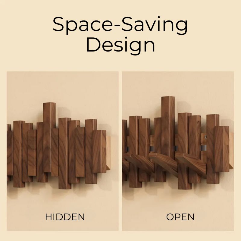 Elegant natural wood folding wall hanger. An essential entryway organizer, offering sleek, hidden coat hooks.