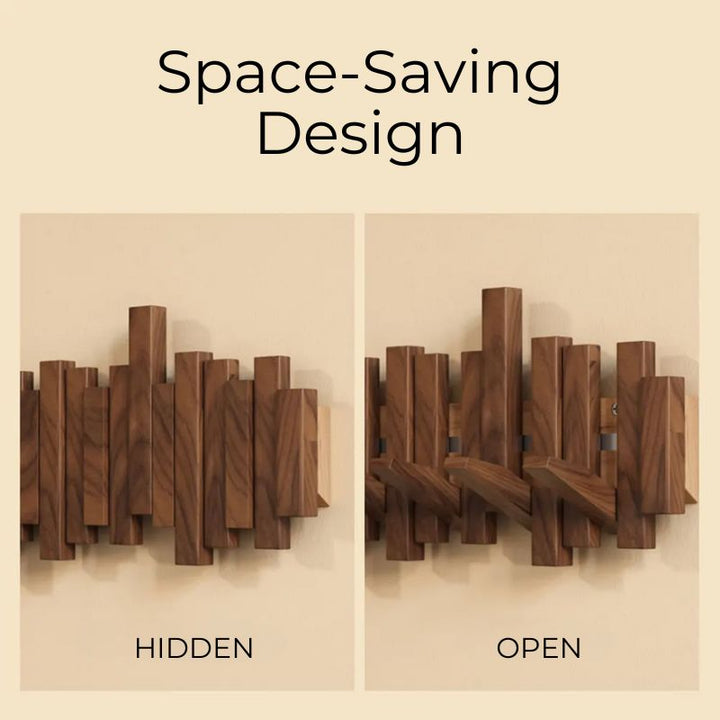 Elegant natural wood folding wall hanger. An essential entryway organizer, offering sleek, hidden coat hooks.