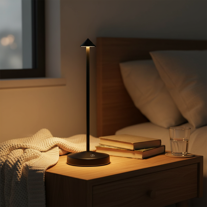 Sleek portable LED table lamp, providing warm ambient light for modern indoor decor.