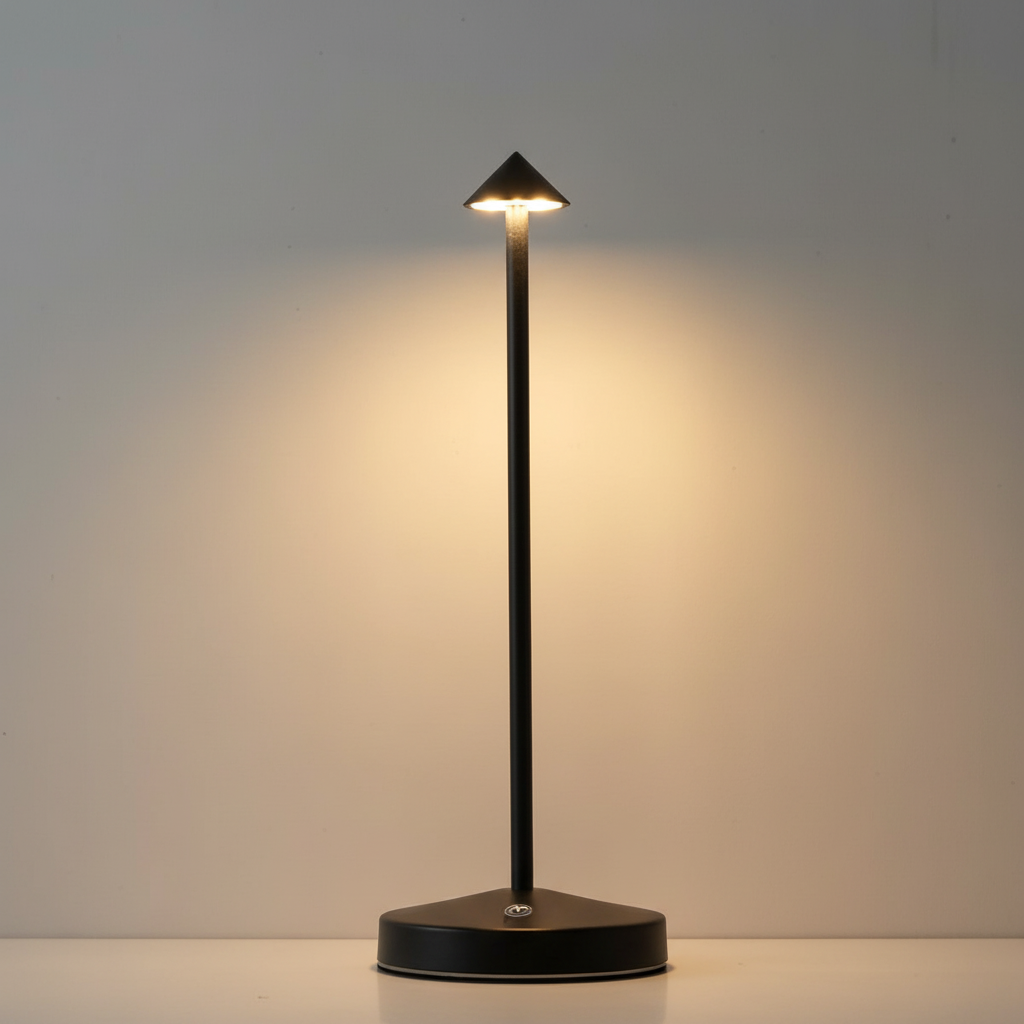 Minimalist aluminum LED table lamp with a rechargeable battery, perfect for stylish accent lighting.