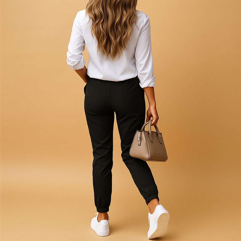 Khaki women's slim fit chino trousers, versatile stretch pants perfect for comfortable office wear.