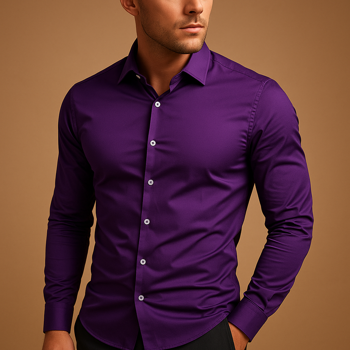 Close-up of a men's slim fit button-up shirt, showcasing modern fashion, quality fabric, and smart casual menswear.