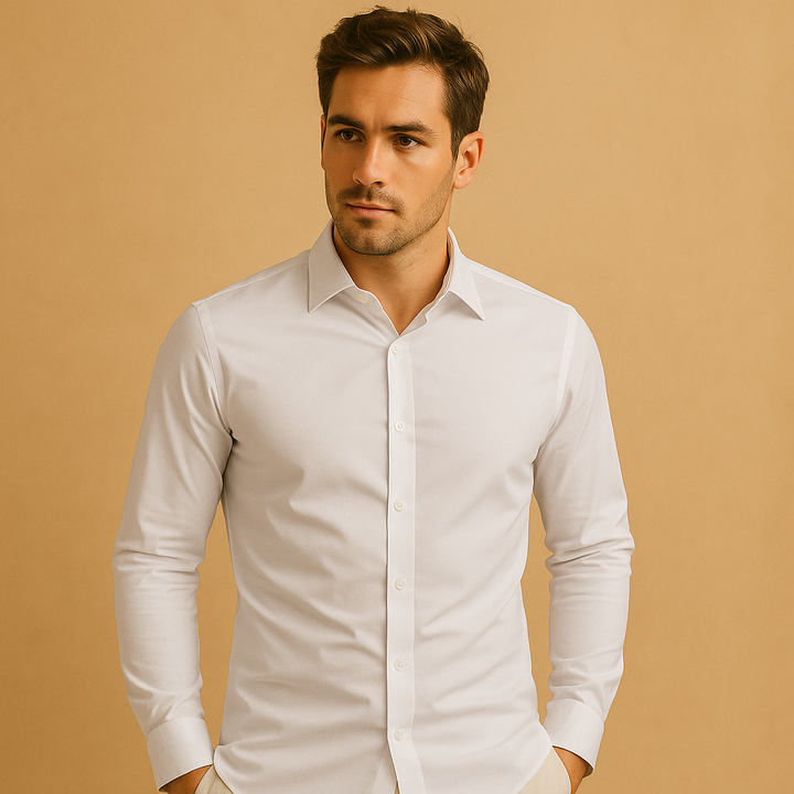 Crisp men's slim fit dress shirt, a modern menswear staple for elegant smart casual and professional office wear.