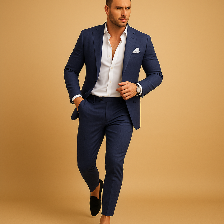 Men's slim fit suit with modern blazer and trousers, ideal for sharp, sophisticated business or wedding attire.